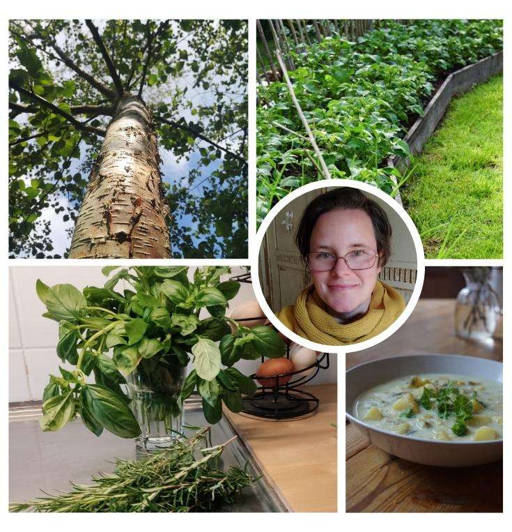 Linn von lustamlandleben.de im Frühlingsgarten mit einem Teller selbst gekochter vegetarischer Gartenküche – einfache, saisonale Rezepte direkt aus dem Beet.