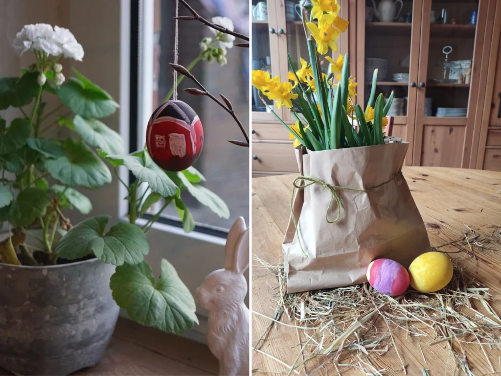 bikulturelle ostern. Collage, Osterdeko, Schwedenhäuschen-Osterei und angemalte Osterdeko