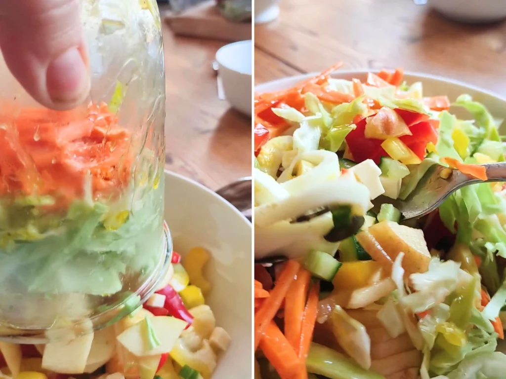 Collage. Schichtsalat aus dem Glas in den Teller kippen und umrühren