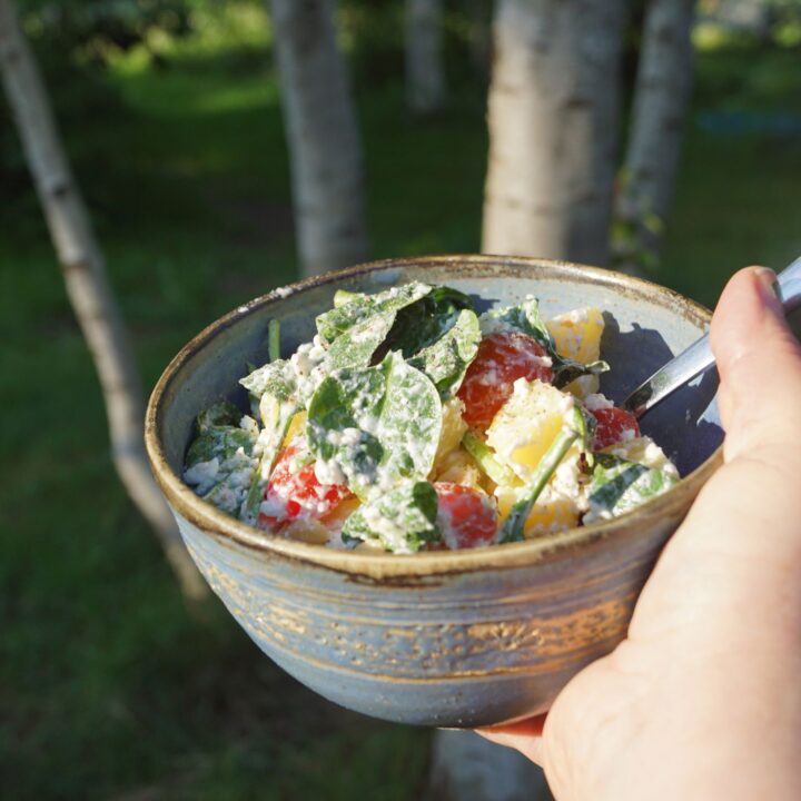 Leichter Kartoffelsalat mit Spinat, Tomaten und gerösteten Pinienkernen