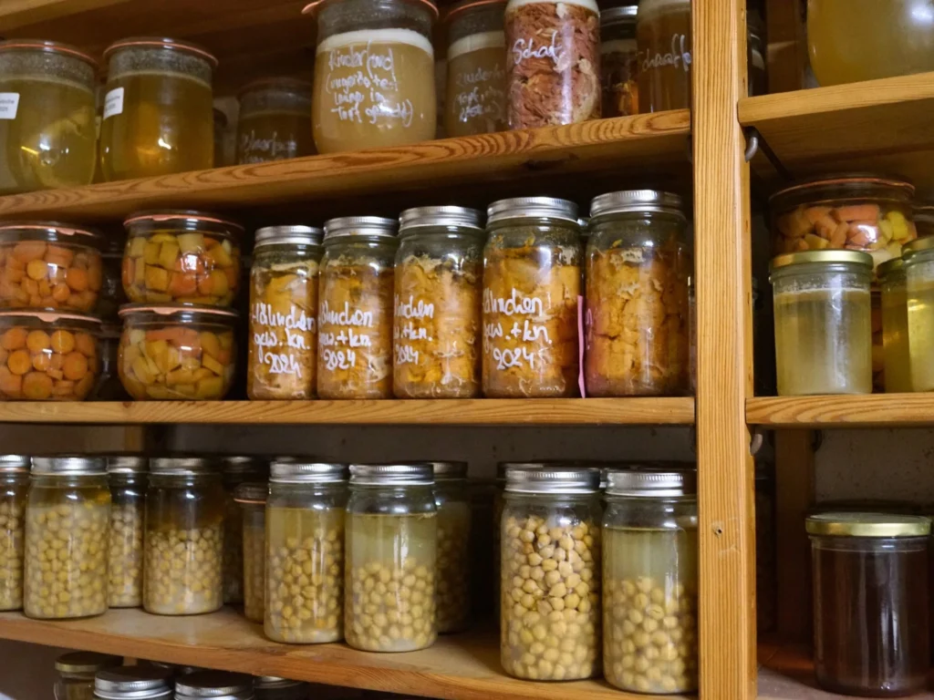 Regale voller eingekochter Lebensmittel, darunter Hülsenfrüchte, Brühe und Fleisch